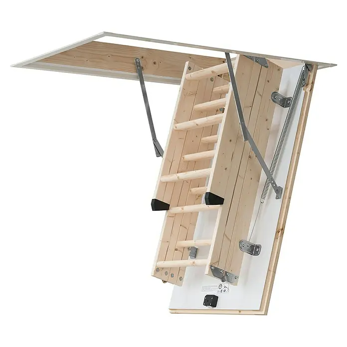 Dolle Bodentreppe Kompakt - 120 x 70 cm, Wärmedämmung: 1,16 W/(m²K) - Eine Dachbodentreppe mit Holzstufen und weißem Rahmen, ideal für den Zugang zum Dachboden. Die Treppe ist robust und platzsparend.