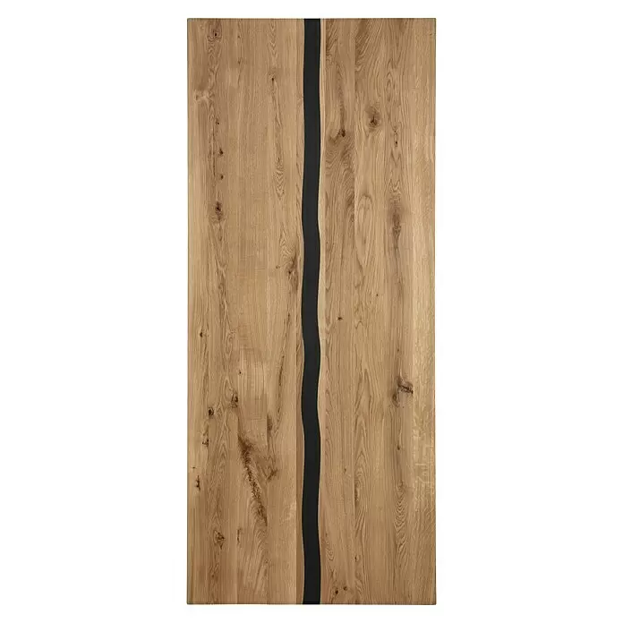 Exclusivholz Tischplatte Epoxid - Eiche, 200 x 85 x 2,6 cm - Helle Eichenholzplatte mit gewellter schwarzer Harz-Fluss-Einlage.