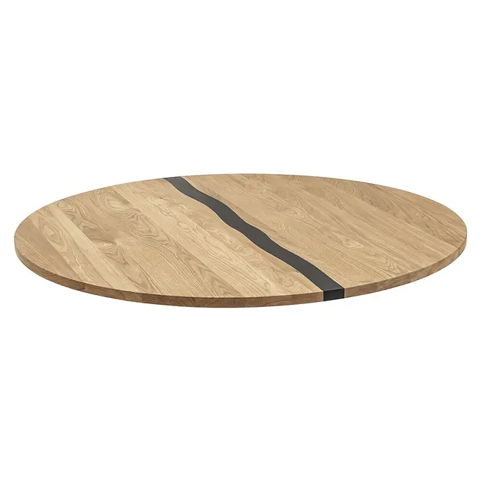 Exclusivholz Tischplatte Epoxid - Eiche, Durchmesser: 120 cm, Stärke: 2,6 cm - Eine Tischplatte aus Eichenholz mit einem auffälligen, dunklen Harzfluss, der sich über die Mitte erstreckt.