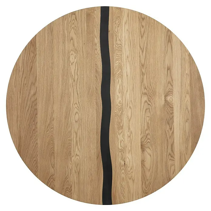 Exclusivholz Tischplatte Epoxid - Eiche, Durchmesser: 120 cm, Stärke: 2,6 cm - Eine runde Tischplatte aus hellem Holz mit einer dunklen, gewundenen Harzlinie in der Mitte, die für ein modernes Design sorgt.