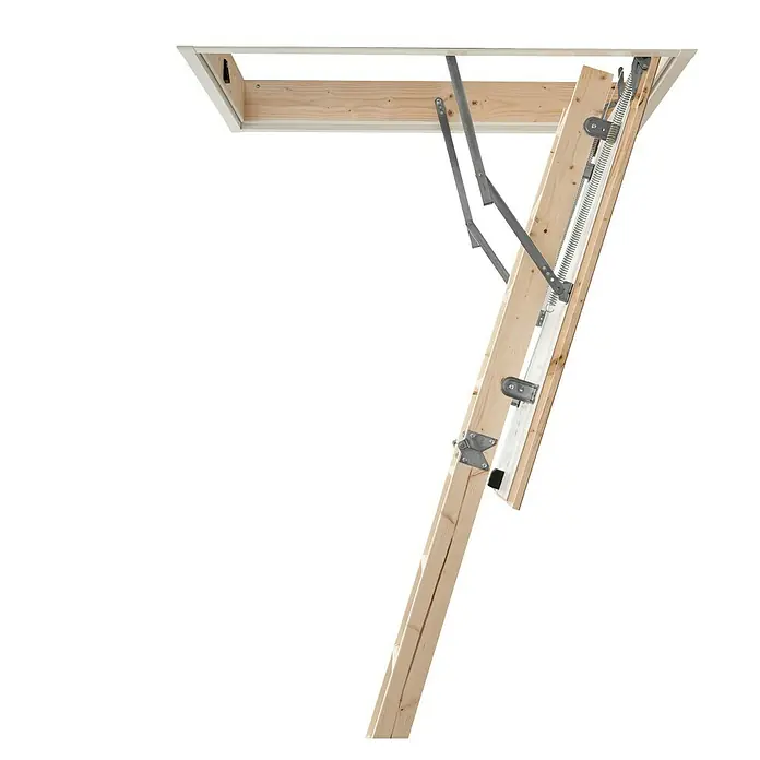 Dolle Bodentreppe Kompakt - 120 x 70 cm, Wärmedämmung: 1,16 W/(m²K) - Bild einer ausklappbaren Dachbodentreppe, die an einem Holzrahmen befestigt ist und mit Metallscharnieren und Federn versehen ist.