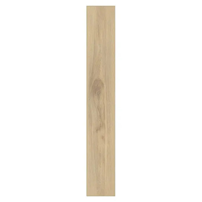Krono Original Laminat Organic Clever - Organic Oak, Landhausdiele, 1.288 x 195 x 6 mm - Nahaufnahme einer einzelnen hellbraunen Holzplanke mit einem markanten Astloch und ausgeprägter Maserung für Bodenbeläge.