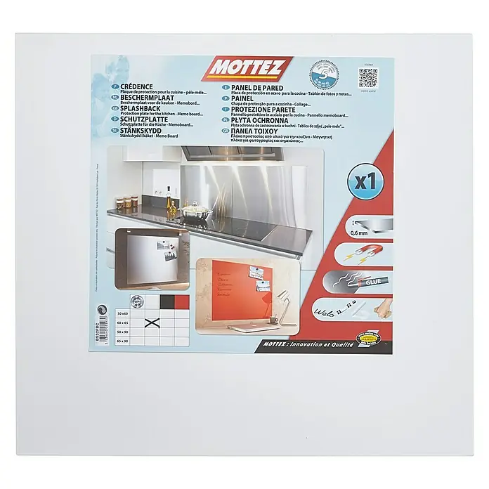 Mottez Protector de pared de cocina - Blanco, 60 x 65 cm, Acero - Panel trasero de cocina Mottez, panel de acero para la cocina, se puede utilizar como tablero de notas, ideal para fotos y notas.