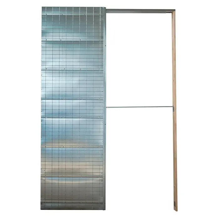 Estructura de puerta corredera para pared de obra - 70 x 202 cm, Acero, 90 mm - Imagen de un armario con puertas de rejilla metálica y un marco de madera sencilla, mostrando un armario de estilo minimalista e industrial.