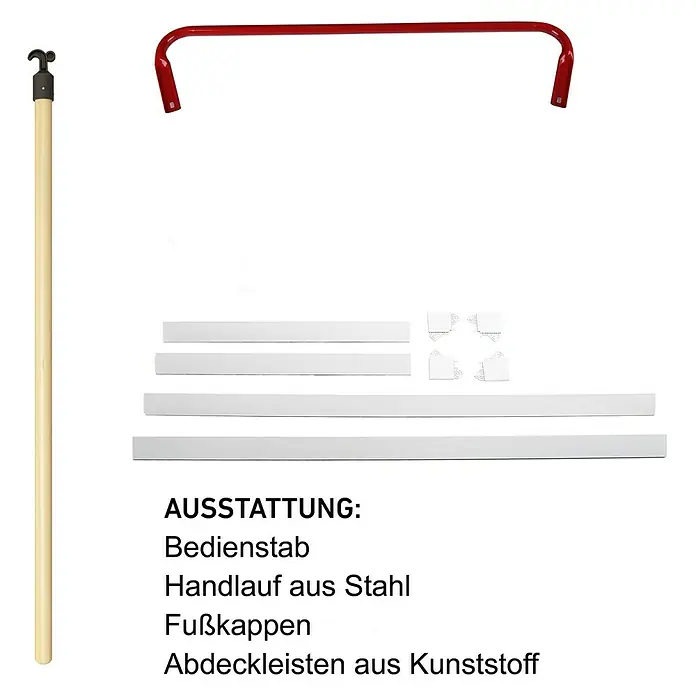 Dolle Bodentreppe Isotrend - 112 x 70 cm, Wärmedämmung: 0,77 W/(m²K) - Produktabbildung: Bedienstab, Handlauf aus Stahl, Fußkappen und Abdeckleisten aus Kunststoff. Komplettes Zubehörset für Vorhangsysteme.