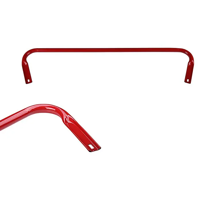 Dolle Handlauf - Passend für: Dolle Bodentreppen Pur, Easy Loft, Easy Loft Pro, Kompakt, Isotrend - Rotes Metallrohr mit gebogenen Enden, präsentiert in zwei Ansichten auf schwarzem Hintergrund.