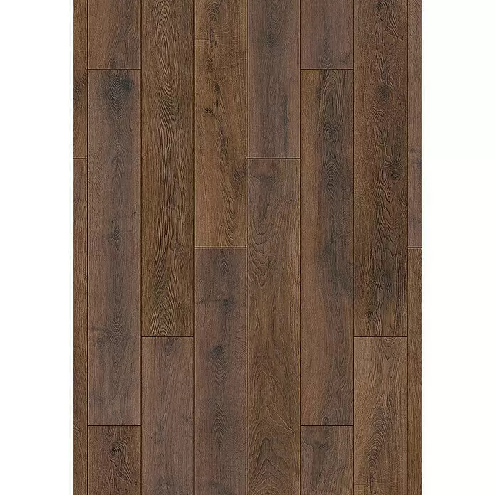 Krono Original Laminat Organic Clever - Bourbon Hills Oak, Landhausdiele, 1.288 x 195 x 6 mm - Dunkelbrauner Holzboden mit sichtbarer Maserung, in Dielen verlegt.