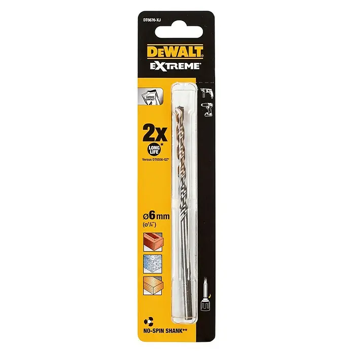 DeWalt Broca para hormigón y mampostería DT6676-XJ - 1 ud., Diámetro de la broca: 6 mm - En la imagen se muestra una broca DeWalt Extreme (DT6676-XJ), con un diámetro de 6 mm, que destaca por su larga duración y el mango antideslizante.