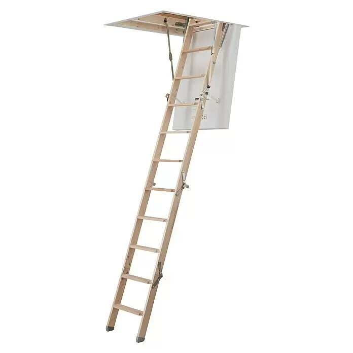 Dolle Bodentreppe Mini - 95 x 70 cm, Wärmedämmung: 0,64 W/(m²K) - Ausgeklappte Dachbodenleiter aus hellem Holz an einer Deckenluke.