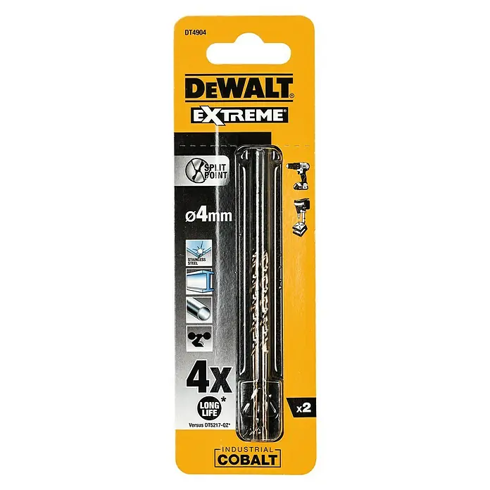DeWalt Broca para metal DT4904-QZ - Diámetro de la broca: 4 mm - Imagen de un paquete de brocas de cobalto DEWALT EXTREME con brocas de 4 mm de diámetro y 2 unidades, para uso industrial.