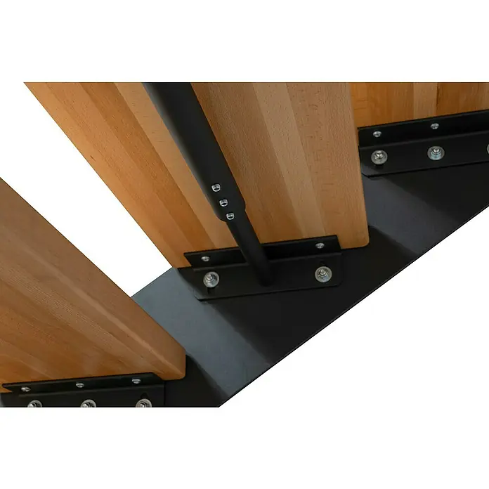 Atrium Wangentreppe Prosto - Farbton Metall: RAL 9005, Breite: 80 cm, Buche, Geschosshöhe: 274,5 cm - 285 cm - Nahaufnahme eines Tisches mit Holzplatte und schwarzem Metallgestell, das eine robuste und moderne Bauweise zeigt.