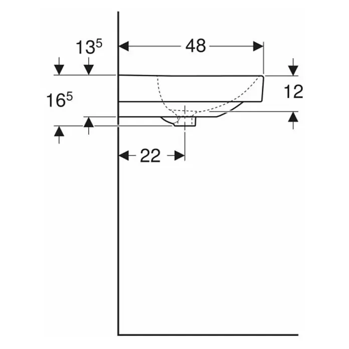 Geberit Smyle Doppelwaschtisch Kera Tect - 120 x 48 cm, Ohne Spezialglasur, Hahnloch: Mitte, Mit Überlauf, Weiß - Technische Zeichnung eines Waschbeckens mit Maßen für Installation und Design.