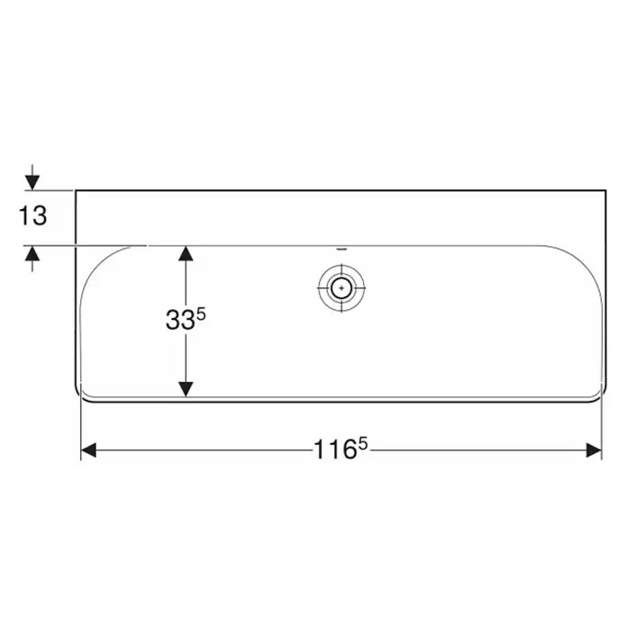 Geberit Smyle Doppelwaschtisch Kera Tect - 120 x 48 cm, Mit schmutzabweisender Glasur, Hahnloch: Ohne, Mit Überlauf, Weiß - Technische Zeichnung eines rechteckigen Waschbeckens mit abgerundeten Ecken und den Maßen 116,5 cm Länge und 33,5 cm Breite.