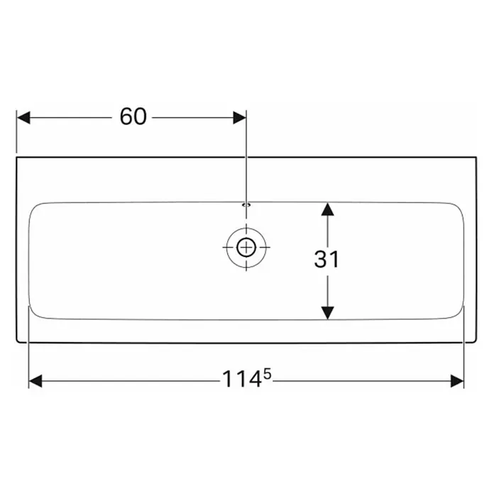 Geberit iCon Waschtisch - 120 x 48,5 cm, Ohne Spezialglasur, Hahnloch: Ohne, Mit Überlauf, Weiß - Technische Zeichnung eines rechteckigen Waschbeckens mit den Maßen 114,5 x 60 cm und einem Hahnlochabstand von 31 cm.