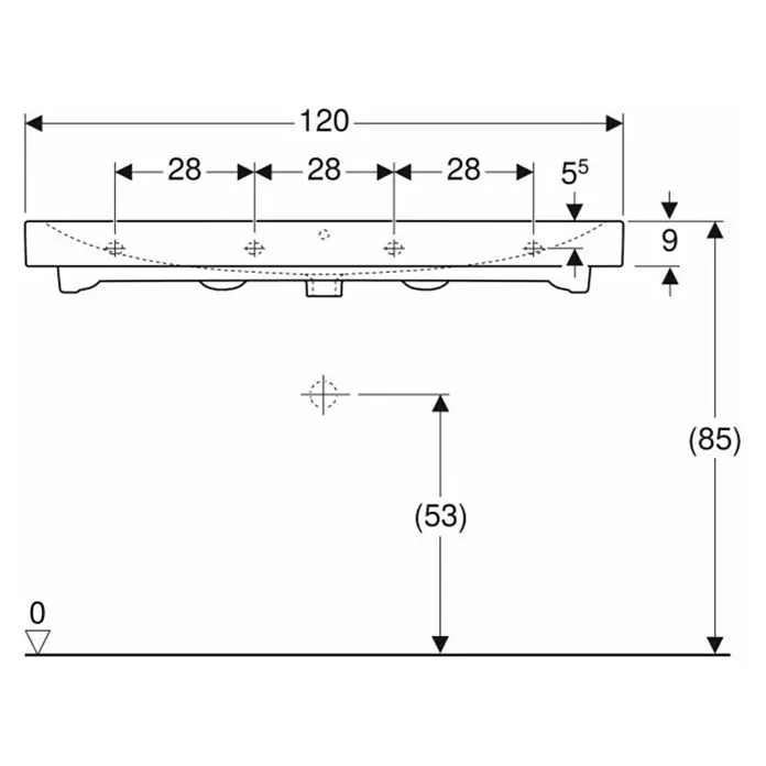Geberit iCon Waschtisch - 120 x 48,5 cm, Ohne Spezialglasur, Hahnloch: Ohne, Mit Überlauf, Weiß - Technische Zeichnung eines Waschbeckens mit Maßen für die Installation. Die Gesamtbreite beträgt 120 cm und die Höhe 85 cm.