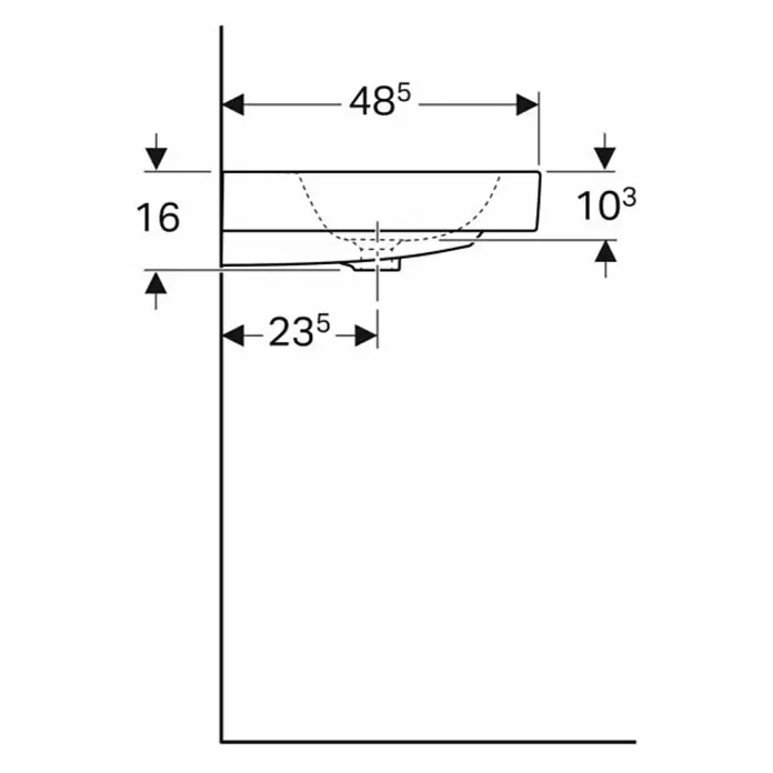 Geberit iCon Waschtisch - 120 x 48,5 cm, Ohne Spezialglasur, Hahnloch: Ohne, Mit Überlauf, Weiß - Technische Zeichnung eines Waschbeckens mit Maßangaben. Die Skizze zeigt die Abmessungen des Waschbeckens für Installationszwecke.