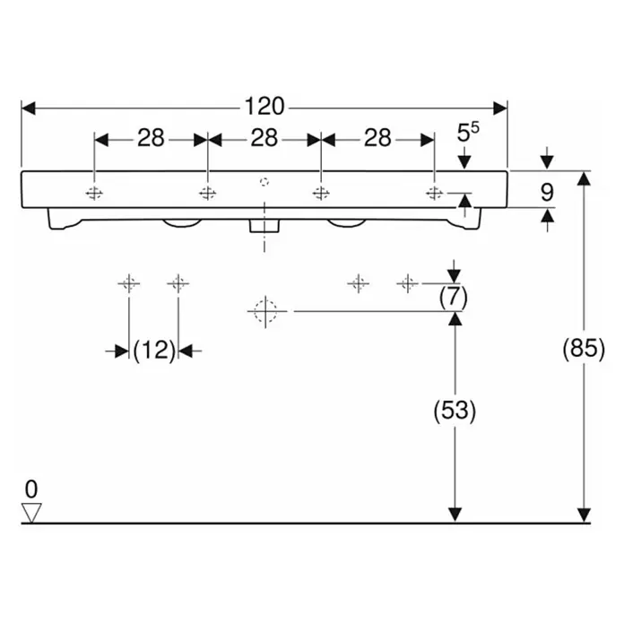 Geberit iCon Doppelwaschtisch - 120 x 48,5 cm, Ohne Spezialglasur, Hahnloch: Mitte, Mit Überlauf, Weiß - Eine technische Zeichnung eines Produkts mit Maßangaben wie 120, 28, 55, 9, 12, 7, 85 und 53 zur detaillierten Produktbeschreibung.