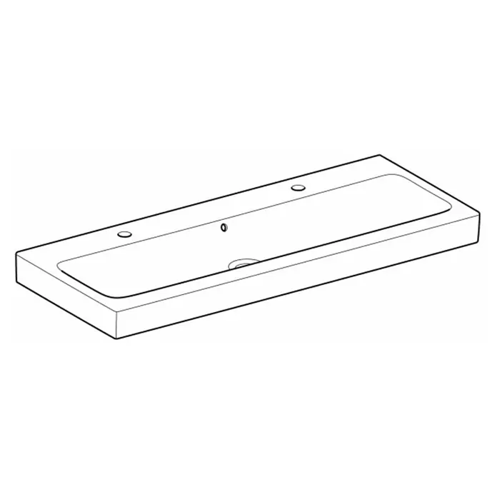 Geberit iCon Doppelwaschtisch - 120 x 48,5 cm, Ohne Spezialglasur, Hahnloch: Mitte, Mit Überlauf, Weiß - Hier ist eine schematische Darstellung eines modernen Waschbeckens mit Armaturenlöchern und einem Abfluss. Das Becken hat eine rechteckige Form.