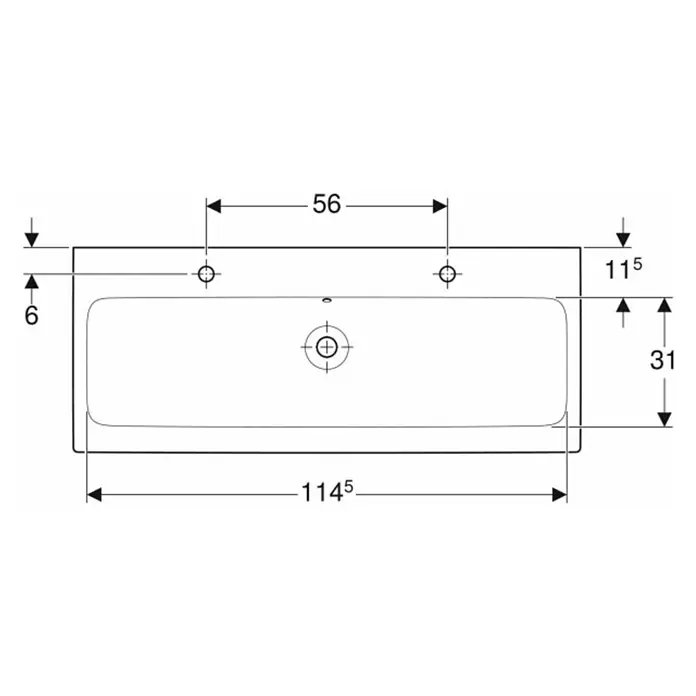 Geberit iCon Doppelwaschtisch - 120 x 48,5 cm, Ohne Spezialglasur, Hahnloch: Mitte, Mit Überlauf, Weiß - Abbildung einer Waschbecken-Draufsicht mit Maßangaben. Waschbecken mit den Maßen 114,5 x 31 cm, Befestigungsabstand 56 cm und Randabstand 6 cm.