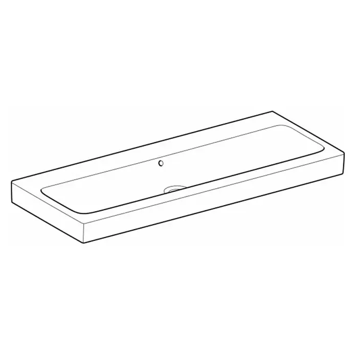 Geberit iCon Waschtisch - 120 x 48,5 cm, Ohne Spezialglasur, Hahnloch: Ohne, Mit Überlauf, Weiß - Eine längliche, rechteckige Waschbecken-Draufsicht, ideal für moderne Badezimmer mit minimalistischem Design, mit zentralem Ablauf und Hahnloch.