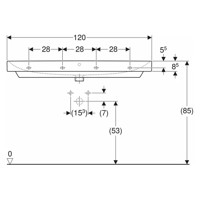 Geberit Smyle Doppelwaschtisch Kera Tect - 120 x 48 cm, Mit schmutzabweisender Glasur, Hahnloch: Ohne, Mit Überlauf, Weiß - Technische Zeichnung eines Waschbeckens mit Bemaßung für die Installation.