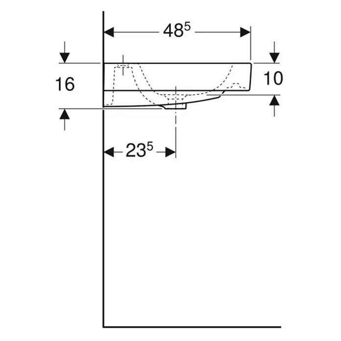 Geberit iCon Doppelwaschtisch - 120 x 48,5 cm, Ohne Spezialglasur, Hahnloch: Mitte, Mit Überlauf, Weiß - Eine technische Zeichnung eines Duravit Waschtischs mit Maßangaben.