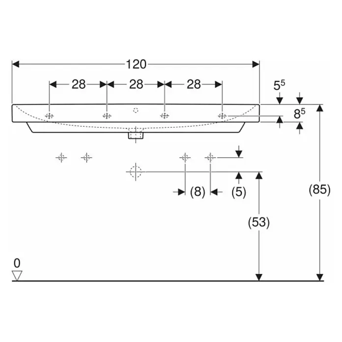 Geberit Smyle Doppelwaschtisch Kera Tect - 120 x 48 cm, Ohne Spezialglasur, Hahnloch: Mitte, Mit Überlauf, Weiß - Technische Zeichnung eines Waschtischs mit Bemaßung für Installation, Gesamtbreite 120 cm, Höhe 85 cm, zur detaillierten Planung.