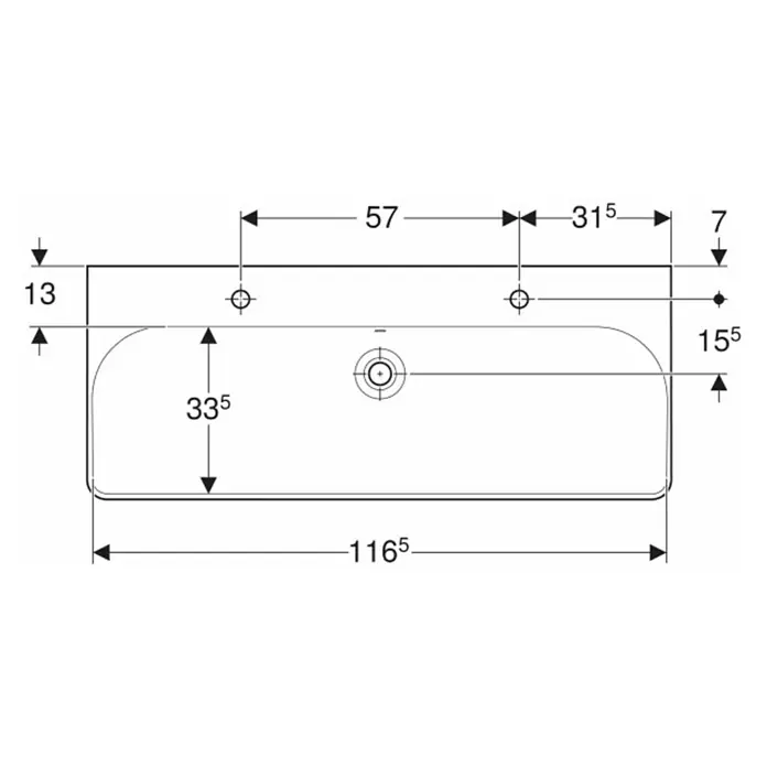 Geberit Smyle Doppelwaschtisch Kera Tect - 120 x 48 cm, Ohne Spezialglasur, Hahnloch: Mitte, Mit Überlauf, Weiß - Technische Zeichnung eines Waschbeckens mit Maßangaben. Präzise Darstellung für Installation und Design, inklusive aller relevanten Maße für die Planung.