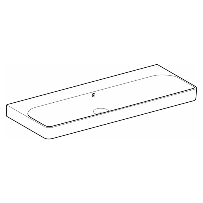 Geberit Smyle Doppelwaschtisch Kera Tect - 120 x 48 cm, Mit schmutzabweisender Glasur, Hahnloch: Ohne, Mit Überlauf, Weiß - Abbildung einer modernen, rechteckigen Waschtischplatte in Weiß mit abgerundeten Ecken und einem eingelassenen Becken.