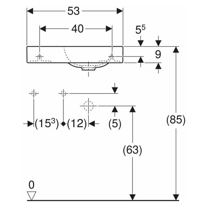 Geberit iCon Waschtisch xs - 53 x 31 cm, Ohne Spezialglasur, Hahnloch: Links, Ohne Überlauf, Ablagefläche: Links, Weiß - Produktbild mit Maßangaben für ein Waschbecken zur Montage im Badezimmer.