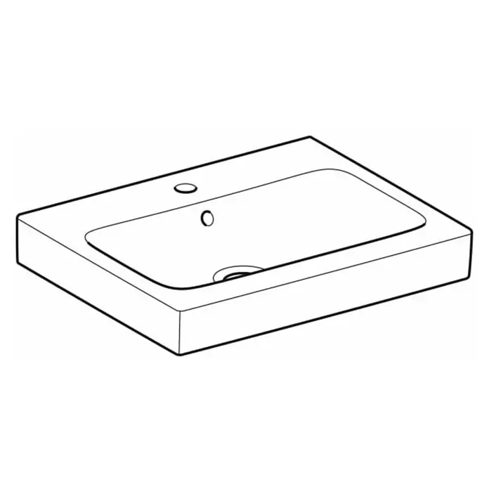 Geberit iCon Waschtisch - 60 x 48,5 cm, Ohne Spezialglasur, Hahnloch: Mitte, Mit Überlauf, Weiß - Das Bild zeigt ein Waschbecken mit einem Hahnloch und einem Überlauf. Es ist eine minimalistische und moderne Darstellung.