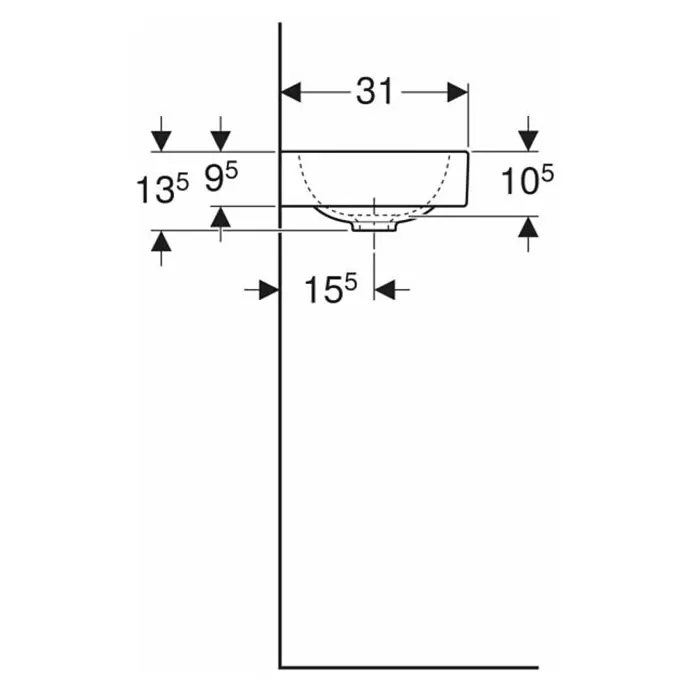 Geberit iCon Waschtisch xs - 53 x 31 cm, Ohne Spezialglasur, Hahnloch: Rechts, Ohne Überlauf, Ablagefläche: Rechts, Weiß - Technische Zeichnung eines Aufsatzwaschbeckens mit detaillierten Maßangaben zur Installation und Raumplanung im Badezimmer.