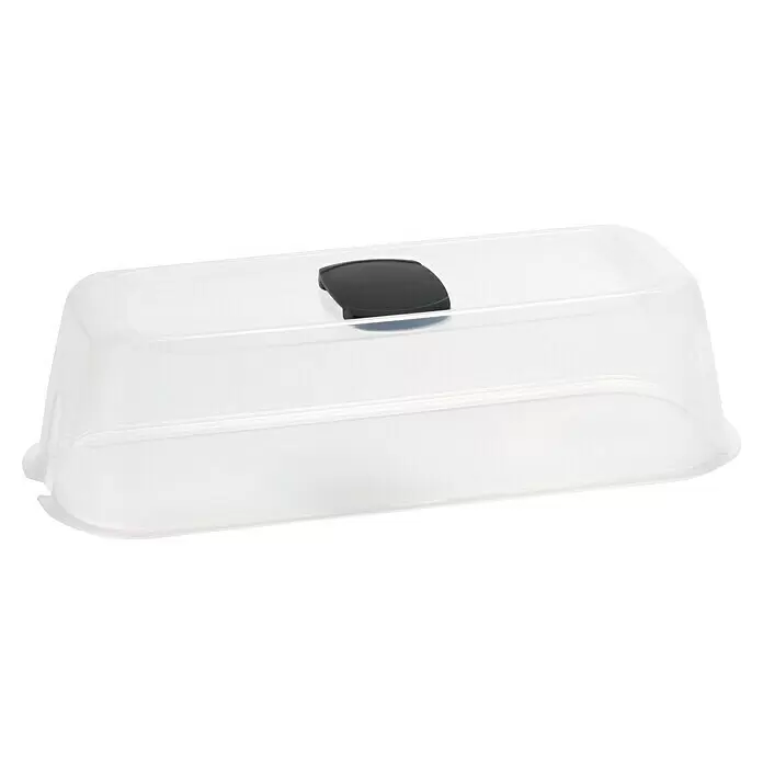 Romberg BoQube Anzuchthaube S - L x B x H: 28 x 8 x 12 cm, Anthrazit - Transparente rechteckige Kunststoff-Lebensmittelhaube mit schwarzem Griff.