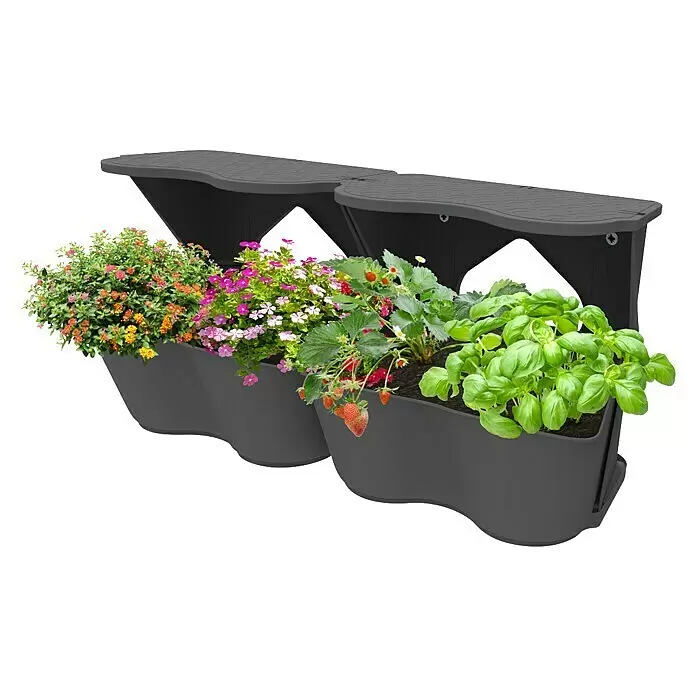 Romberg BoQube Pflanzkasten Flexi Garden - Außenmaß (L x B x H): 26 x 20 x 26 cm, Kunststoff, Anthrazit - Dunkelgrauer modularer vertikaler Gartenpflanzer mit bunten Blumen, Erdbeeren und Basilikum.