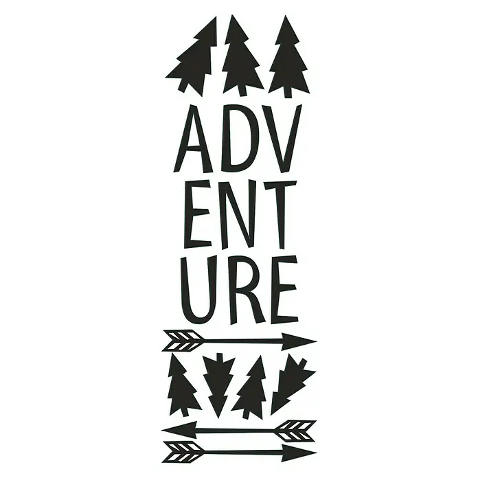 Vinilo de pared - 24 x 68 cm, Negro, Plástico - Letrero negro de "Aventura" con árboles y flechas, perfecto para los amantes de la naturaleza que buscan añadir un toque salvaje a su espacio.