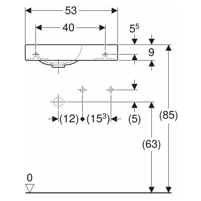 Geberit iCon Waschtisch xs - 53 x 31 cm, Ohne Spezialglasur, Hahnloch: Rechts, Ohne Überlauf, Ablagefläche: Rechts, Weiß - Technische Zeichnung eines Waschbeckens mit Maßangaben zu Länge (53), Breite (40), Höhe (85) und diversen Abständen für die Installation.