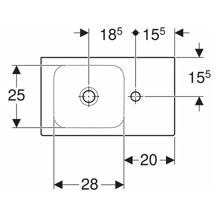 Geberit iCon Waschtisch xs - 53 x 31 cm, Ohne Spezialglasur, Hahnloch: Rechts, Ohne Überlauf, Ablagefläche: Rechts, Weiß - Technische Zeichnung eines Waschbeckens mit Maßangaben. Die Zeichnung zeigt die Abmessungen und Positionen der Anschlüsse für die Installation.
