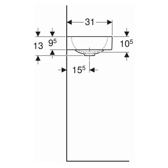 Geberit iCon Waschtisch xs - 53 x 31 cm, Ohne Spezialglasur, Hahnloch: Links, Ohne Überlauf, Ablagefläche: Links, Weiß - Technische Zeichnung eines Waschtisches mit Maßangaben zu Wandabstand und Höhe. Ideal für Badplanung.