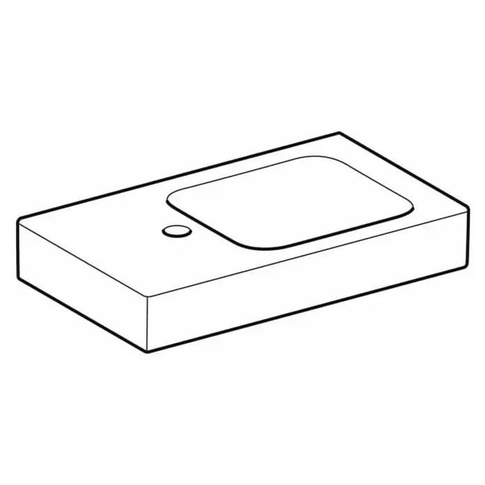 Geberit iCon Waschtisch xs - 53 x 31 cm, Ohne Spezialglasur, Hahnloch: Links, Ohne Überlauf, Ablagefläche: Links, Weiß - Detaillierte Darstellung eines Waschbeckens mit Ablagefläche. Der Fokus liegt auf dem Design des Waschbeckens.
