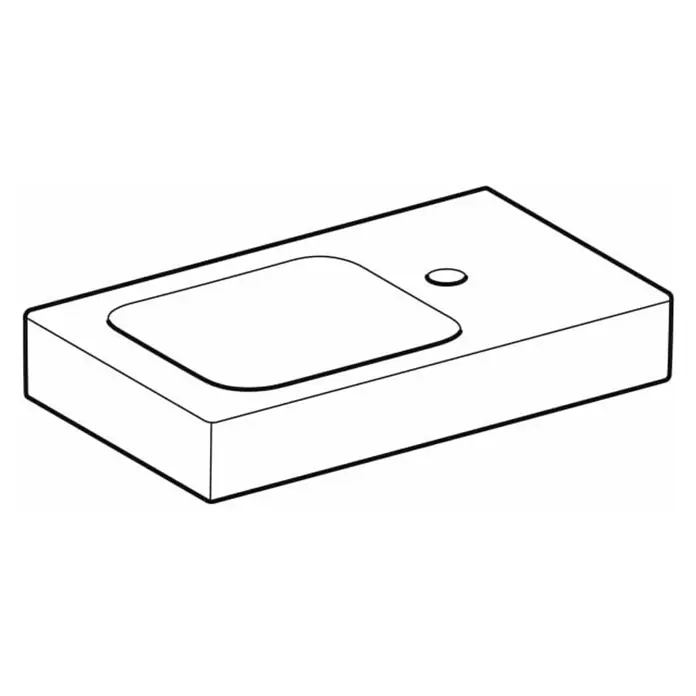 Geberit iCon Waschtisch xs - 53 x 31 cm, Ohne Spezialglasur, Hahnloch: Rechts, Ohne Überlauf, Ablagefläche: Rechts, Weiß - Skizze eines modernen Waschtischs mit eckiger Form und integriertem Becken sowie einem Hahnloch auf der rechten Seite.