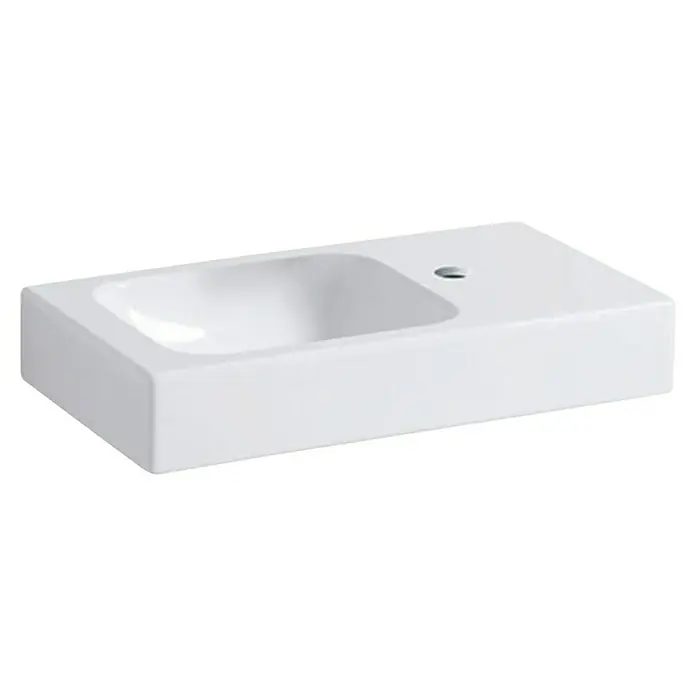 Geberit iCon Waschtisch xs - 53 x 31 cm, Ohne Spezialglasur, Hahnloch: Rechts, Ohne Überlauf, Ablagefläche: Rechts, Weiß - Nahaufnahme eines weißen Waschbeckens mit modernem Design und einem Hahnloch für das Badezimmer.