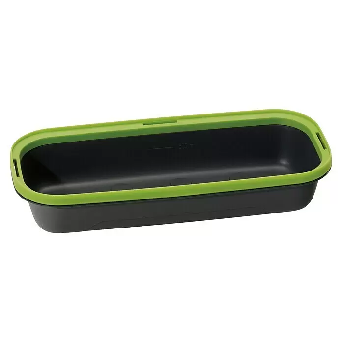 Romberg BoQube Anzuchtschale S - Außenmaß (L x B x H): 28 x 12 x 8 cm, Kunststoff, Anhthrazit/Sommergrün - Schwarzer rechteckiger Behälter mit lindgrünem Rand, 500 ml Fassungsvermögen.