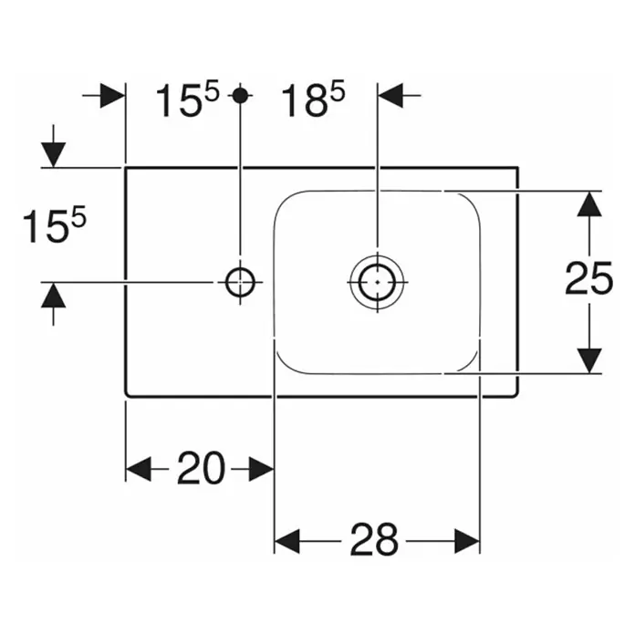 Geberit iCon Waschtisch xs - 53 x 31 cm, Ohne Spezialglasur, Hahnloch: Links, Ohne Überlauf, Ablagefläche: Links, Weiß - Draufsicht auf ein Waschbecken mit Maßen für die Installation. Die Skizze zeigt alle notwendigen Abmessungen für die Installation.