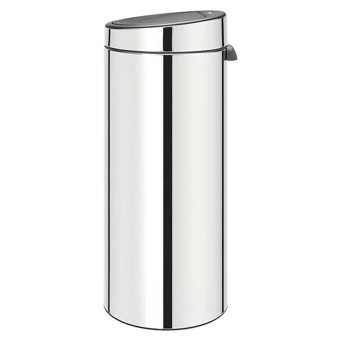 Brabantia Cubo de basura empotrado Touch bin - 30 l, Acero, Acero brillante - Elegante cubo de basura cilíndrico con pedal de acero inoxidable pulido y tapa gris para una eliminación higiénica de residuos.