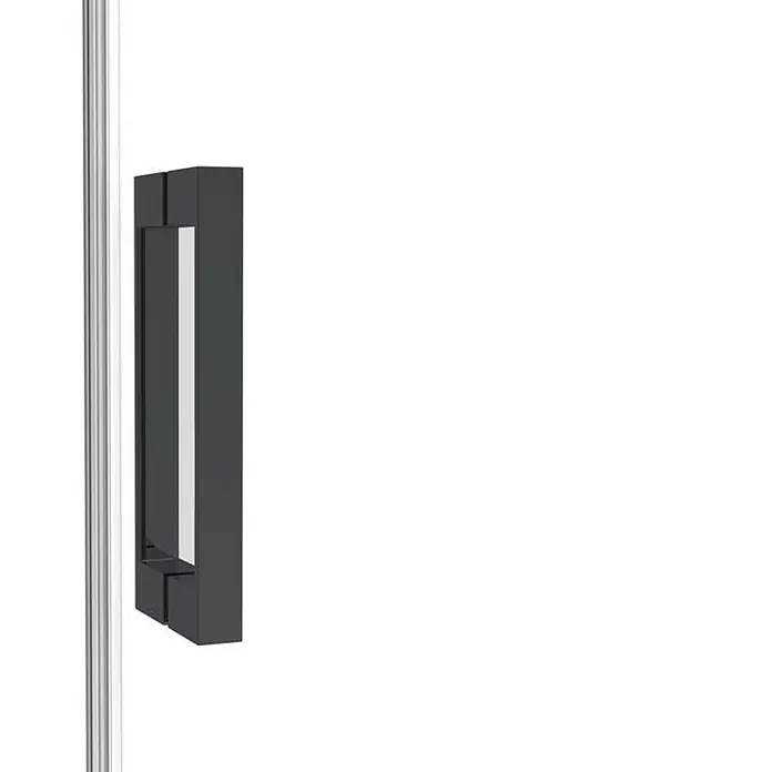 GME Mampara de ducha frontal Open Combi B - 60 x 195 cm, Vidrio transparente, Negro - Primer plano de una manija de puerta negra mate moderna en una cabina de ducha, que muestra su diseño minimalista. El elegante detalle mejora cualquier decoración de baño.