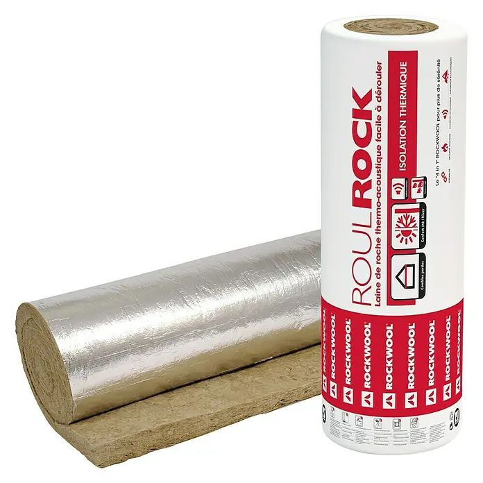 Rockwool Lana de roca con aluminio Roulrock ALU - 6 m x 1,2 m x 8 cm - Un rollo de aislamiento ROCKWOOL, adecuado para aislamiento térmico y acústico, con laminación de aluminio y embalaje del producto.