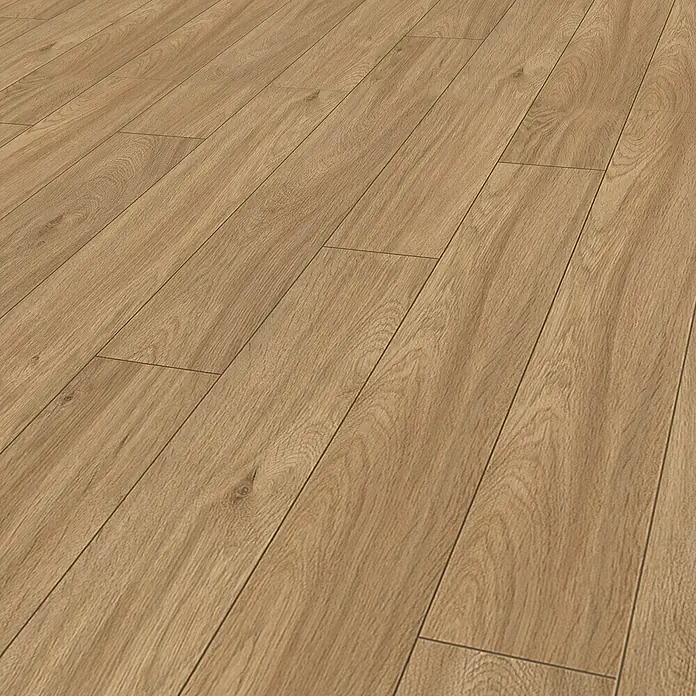 Krono Original Laminat Super Natural - Credenza Oak, Landhausdiele, 1.288 x 195 x 8 mm - Nahaufnahme eines hellbraunen Laminatbodens mit Holzmaserung und Fugen.