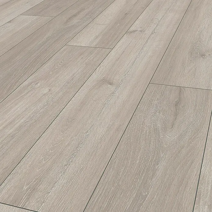 Krono Original Laminat Super Natural - Rockford Oak, Landhausdiele, 1.288 x 195 x 8 mm - Nahaufnahme von hellem Laminatboden, der die Maserung und Textur des Holzes zeigt, ideal für moderne Innenräume.