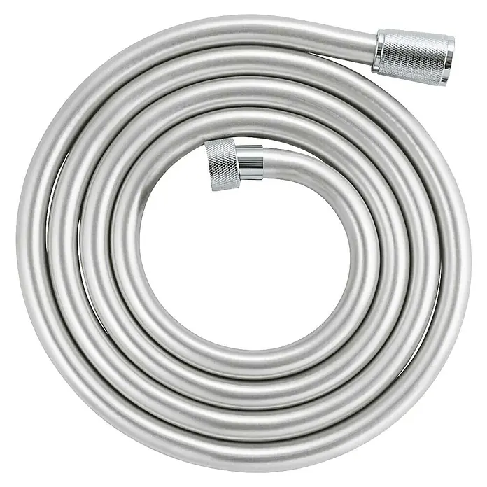 Grohe Flexo de ducha Vitalio Flex - Largo: 175 cm, Plástico, Cromo - Una manguera de ducha enrollada de color plateado con piezas terminales moleteadas sobre un fondo negro.