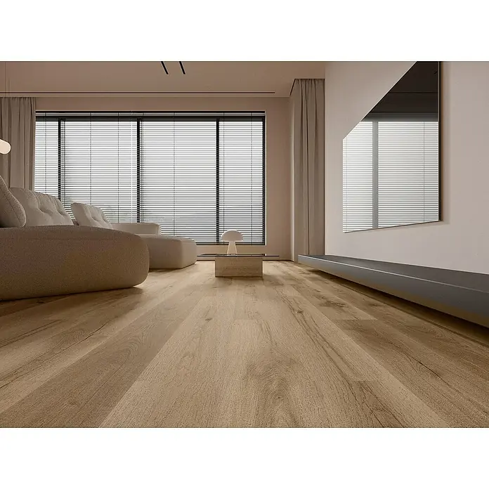 LOGOCLIC Laminado Hidro Roble Salvaje - 1.200 x 196 x 10 mm, Roble, AC5 - Acogedora sala de estar con un sofá elegante y suelo de madera clara que irradia calidez y elegancia. Ideal para momentos acogedores.
